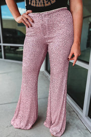 Pink Shiny Sequin Plus Size Flowy Flare Pants -