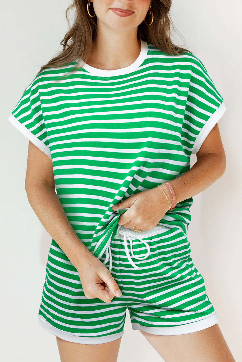 Dark Green Striped Cap Sleeve Tee and Shorts Set modeled from the front, casual summer outfit available at Faith & Co. Boutique.