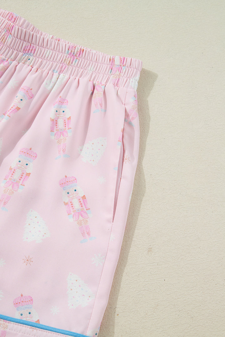 Pink Bow Tie Front Christmas Nutcracker Long Sleeve Shirt Shorts Pajama Set