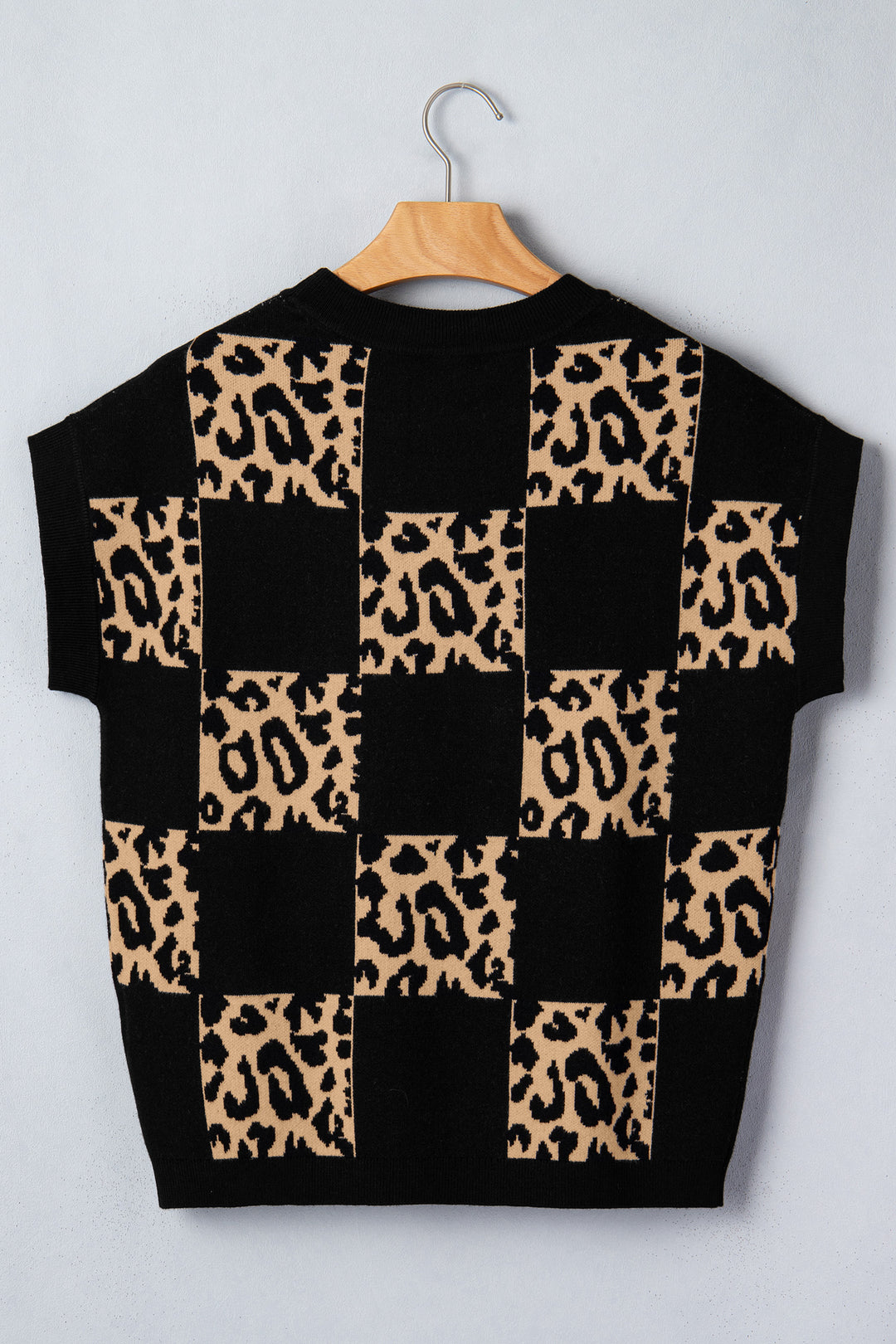 Leopard Checkerboard Short Sleeve Knit Sweater