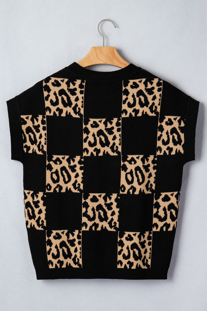 Leopard Checkerboard Short Sleeve Knit Sweater