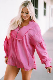 Pink Retro Frilled Seam Crinkle Puff Sleeve Blouse - Pink / L / 100%Cotton
