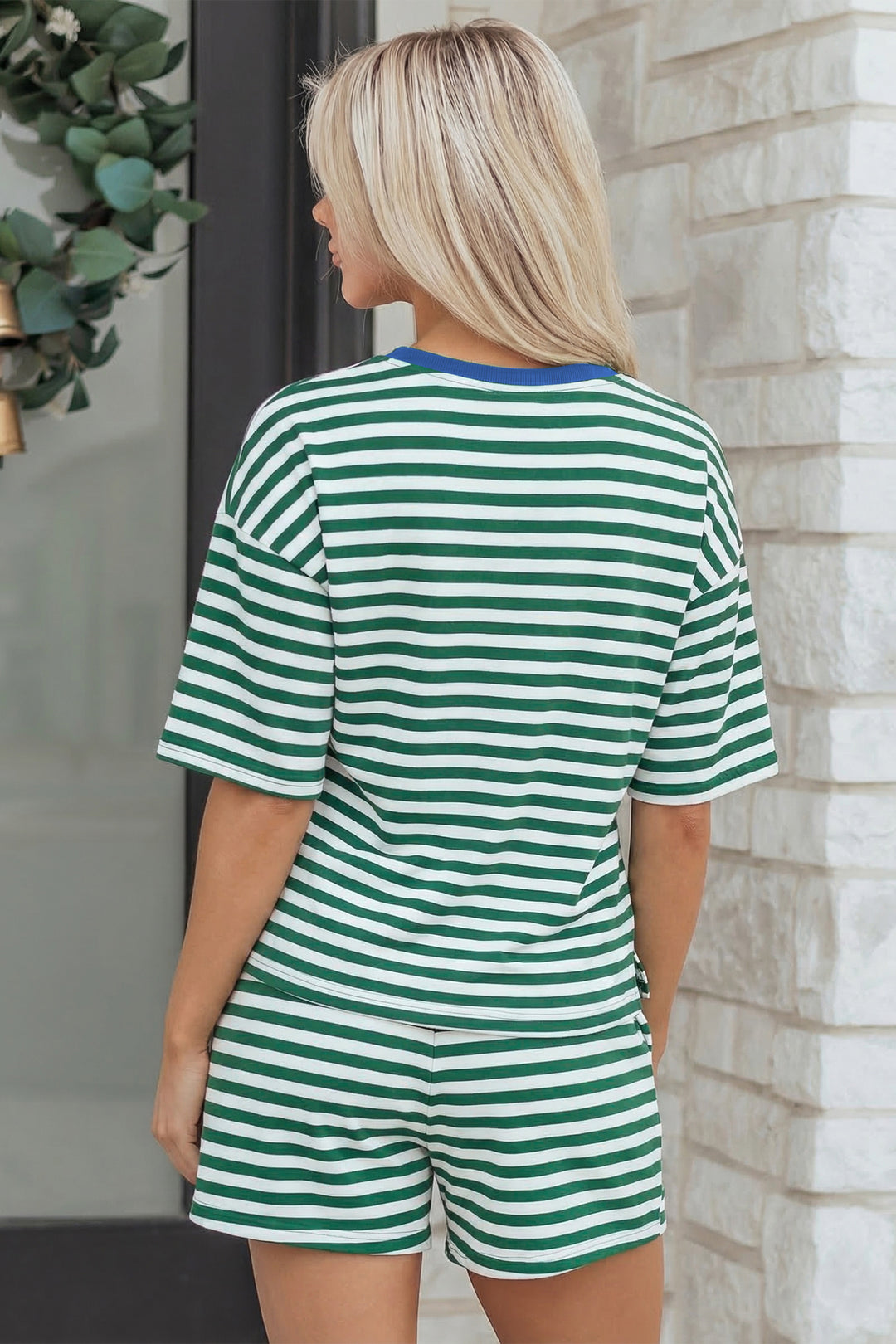 Stripe Drop Shoulder Boxy Casual Terry Short Set