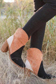 Chestnut Colorblock Suede Heeled Ankle Booties - Black / 37 / 100%Polyester+100%TPR