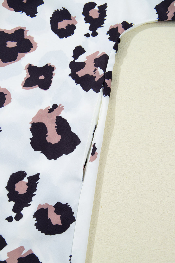 Khaki Leopard Print Contrast V Neck Plus Size Shift Mini Dress