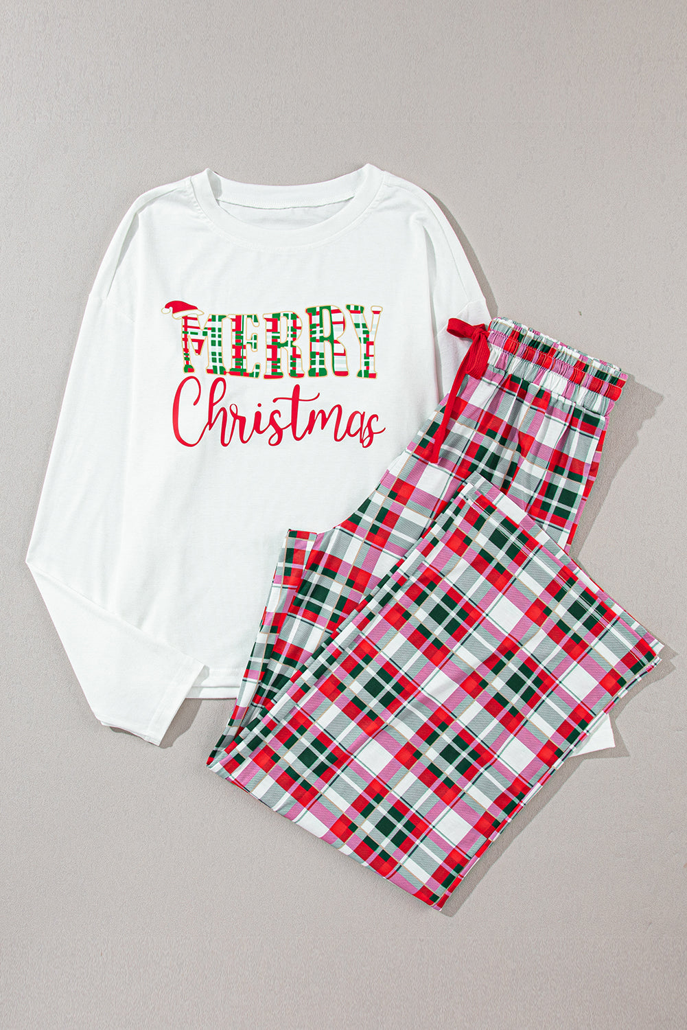 Multicolor Merry Christmas Top and Plaid Pants Pajama Set