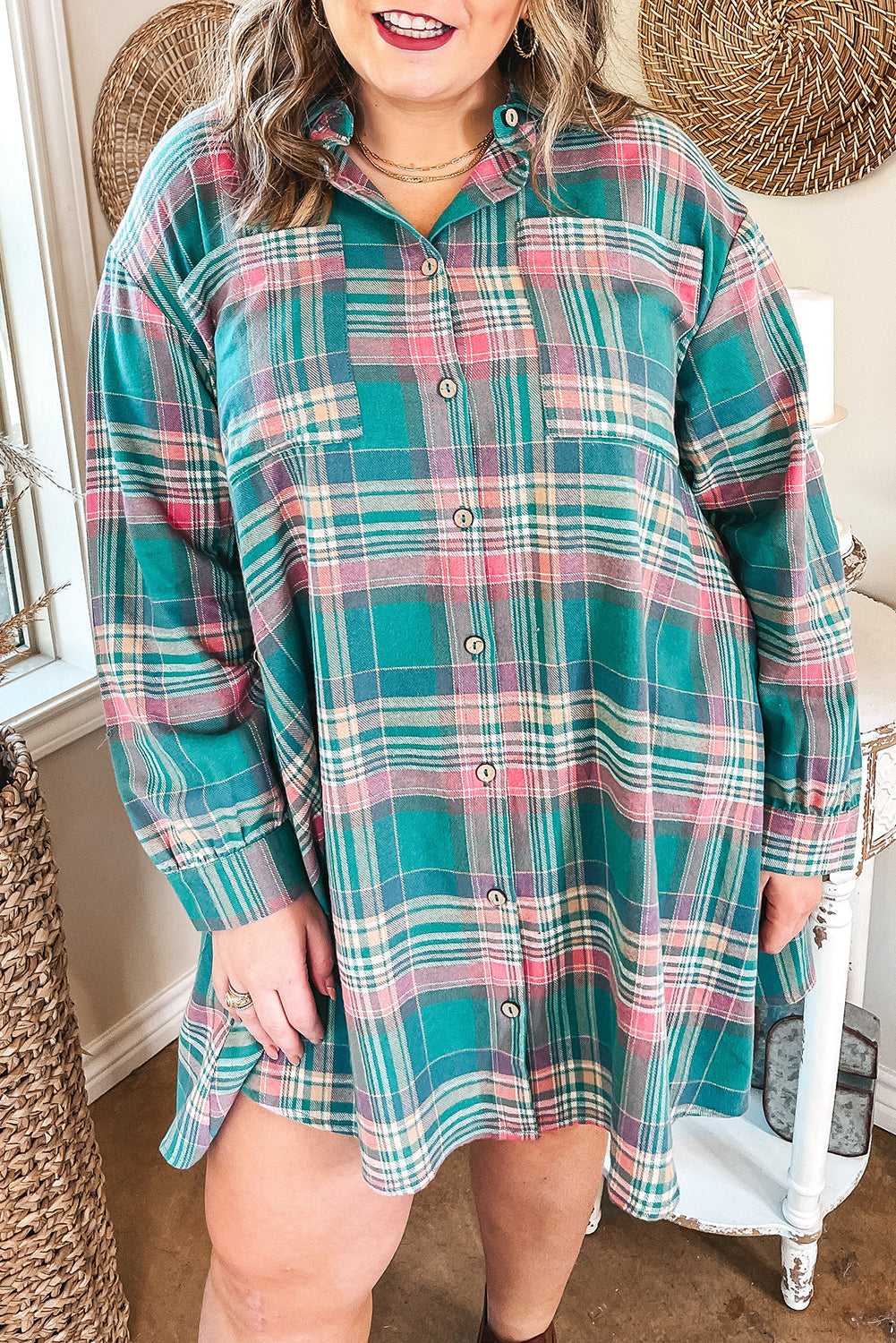 Green Plaid Button-Up Shift Long Sleeve V Neck Plus Size Dress