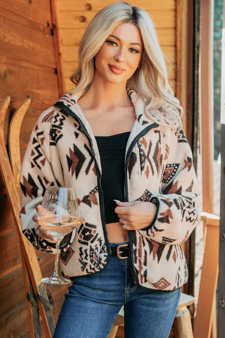 Beige Geometric Print Long Sleeve Shirt Collar Zip-up Placket Binding Tape Jacket