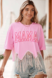 Pink MAMA Embroidered Graphic Sequin Tassel Hem T Shirt