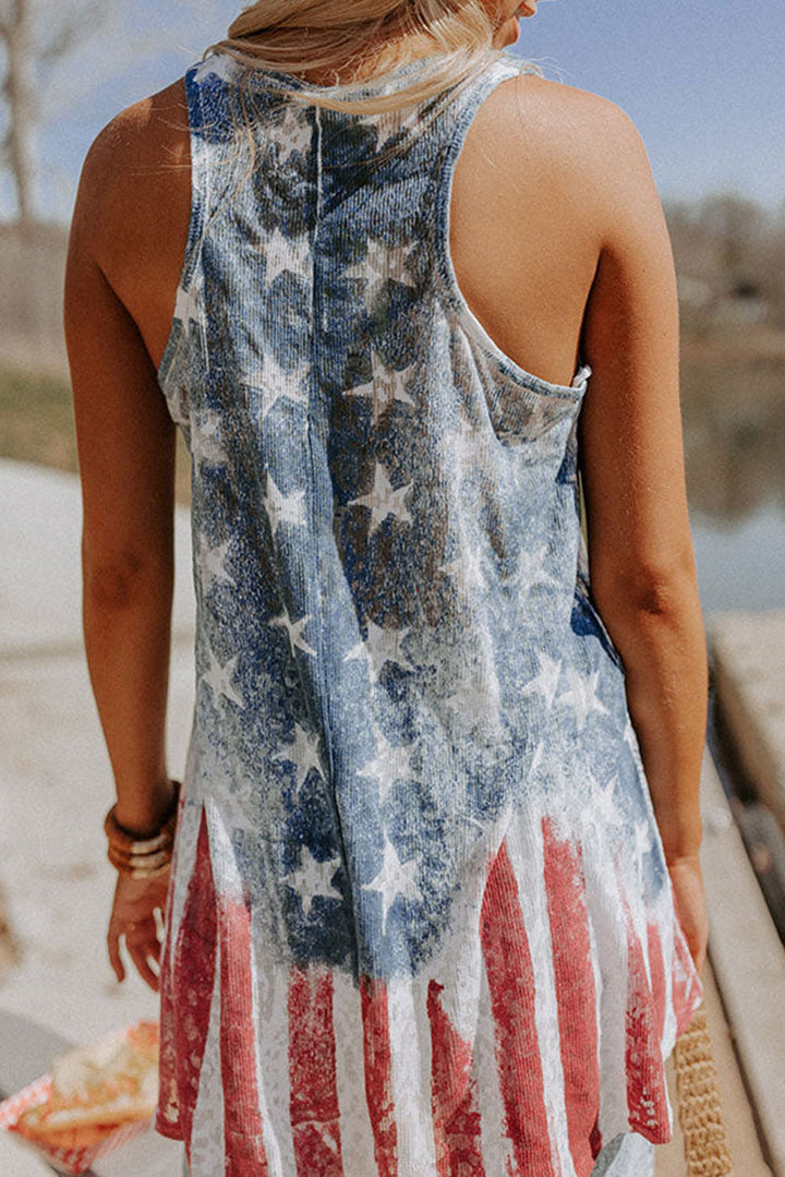a woman wearing a tank top with an american flag design
