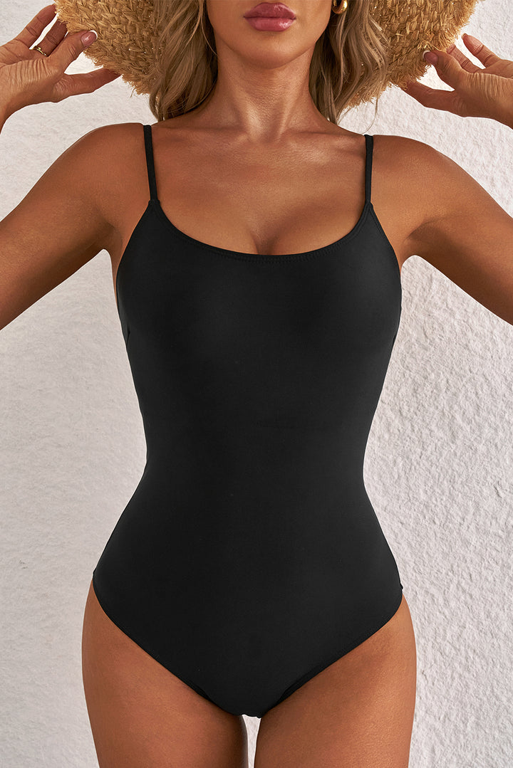 Black Thin Strap Strappy Lace-up Open Back One Piece Swimsuit