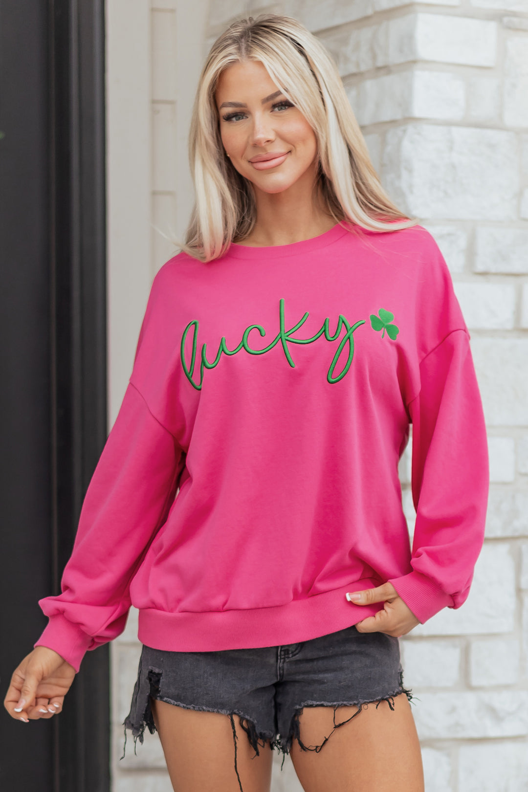 Rose Red Lucky Clover Embroidered Loose Pullover Sweatshirt