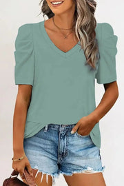Puff Sleeve V-Neck T-Shirt - Green / 2XL / 95%Cotton+5%Elastane