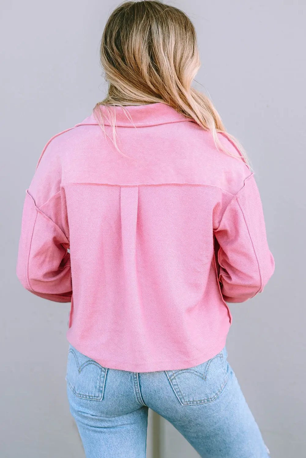 Pink Turn-Down Collar Pockets Shirt Jacket -