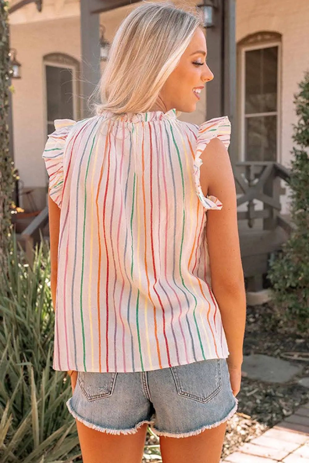 Barrier Striped Flutter Sleeve Frilled Neck Tank Top -