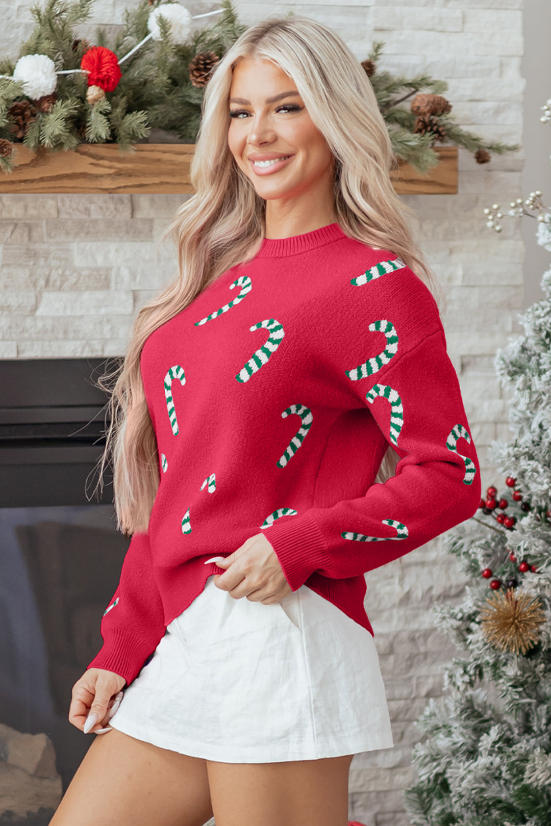 Christmas Candy Cane Holiday Drop Shoulder Sweater