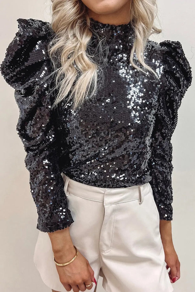 Apricot Sequin Mock Neck Ruched Puff Sleeve Top -