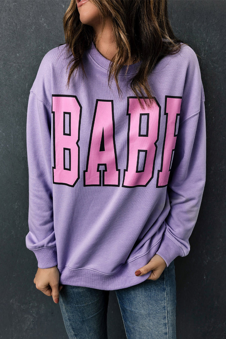 Gray BABE Letter Graphic Pullover Sweatshirt