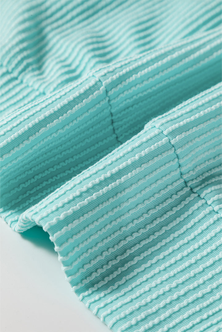 Aruba Blue Corded Texture Plaid Colorblock Patchwork Split Neck Long Sleeve Top