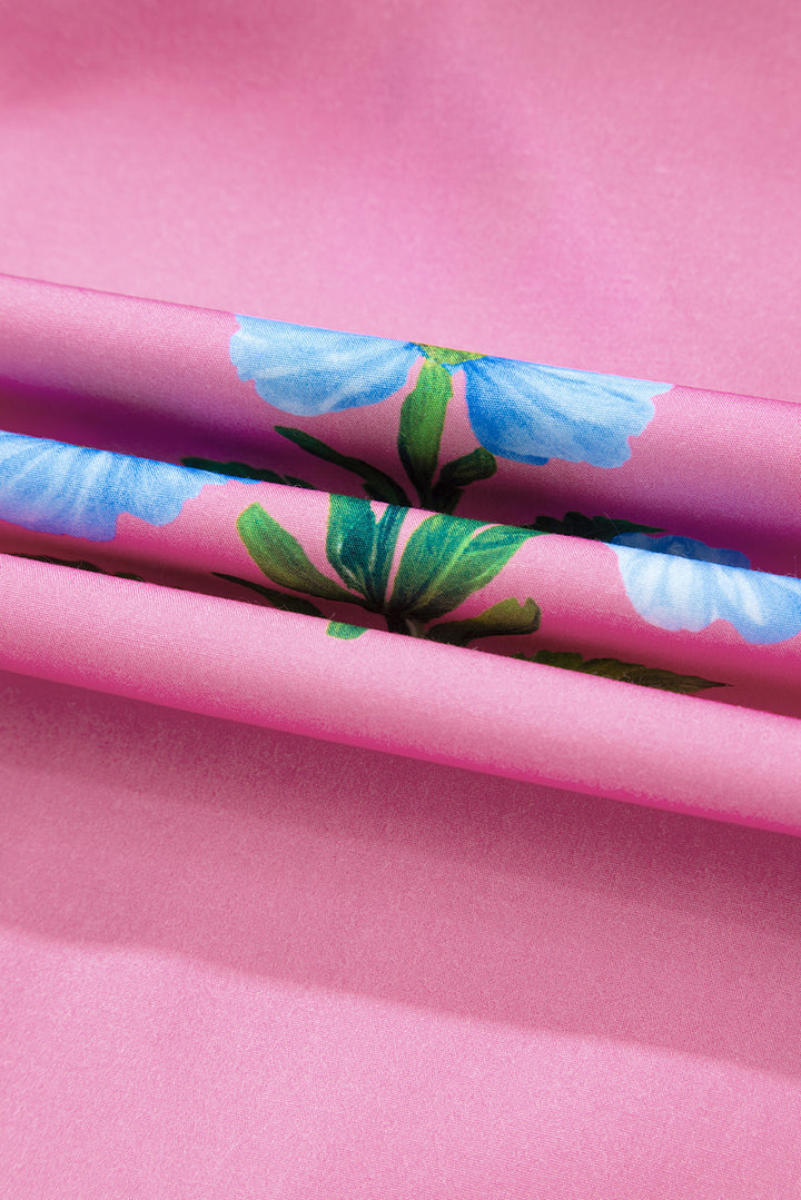 Floral Short Sleeve Split Neck Loose Mini Dress