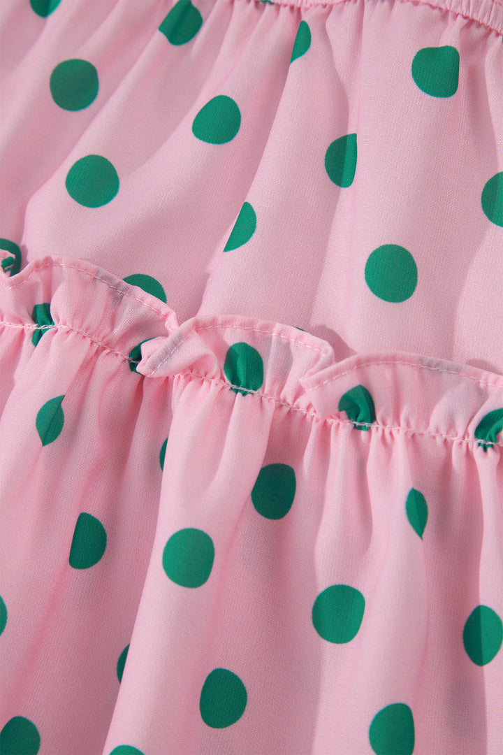 Pink V Neck Polka Dot Print Drawstring Tiered Babydoll Blouse