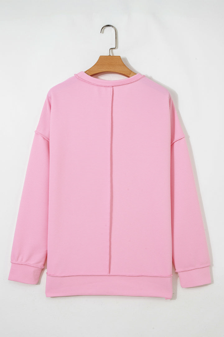 Pink Horizontal Ribbed Exposed Seam Detail Drop Shoulder Baggy Pullover