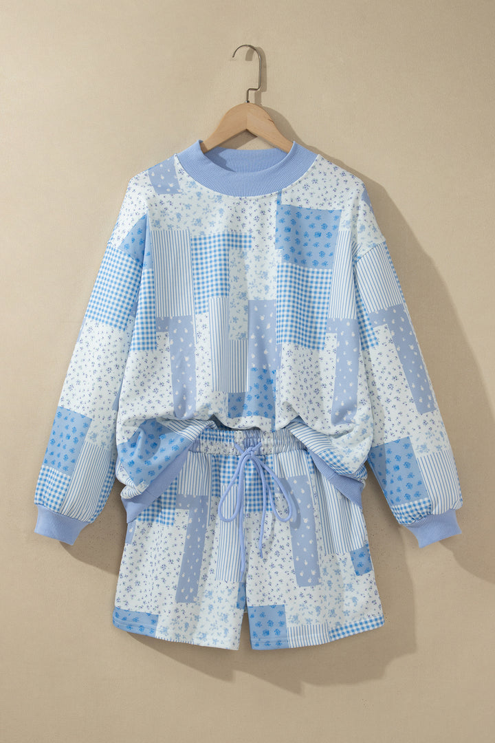 Patchwork Floral Print Drop Shoulder Baggy Pullover Drawstring Shorts Set