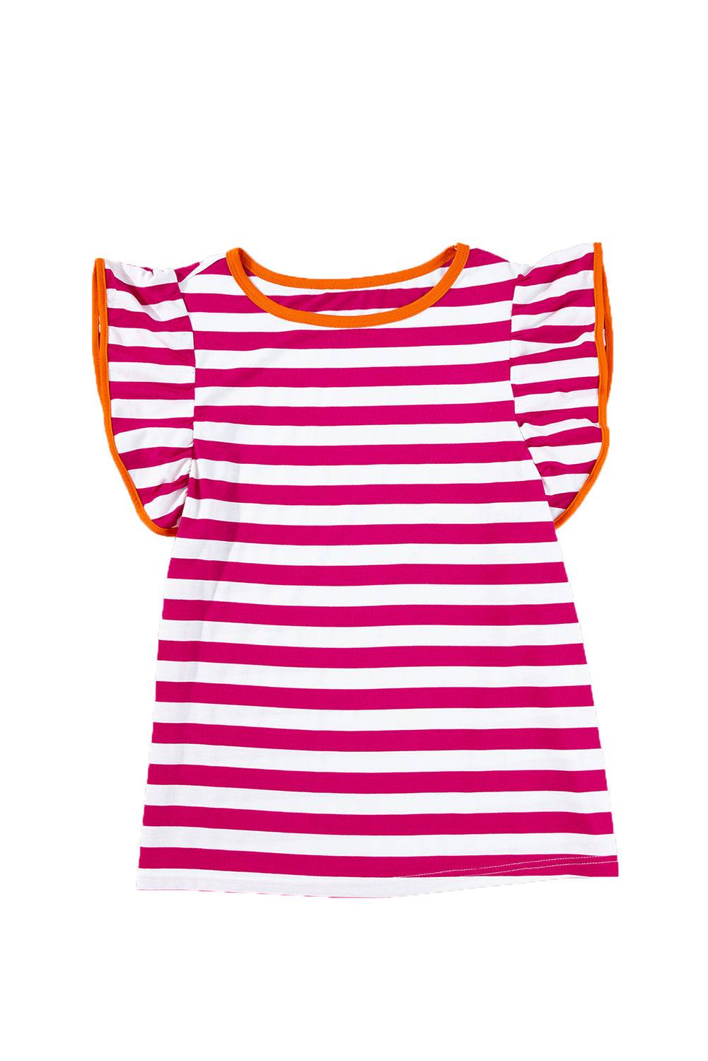 a pink and white striped top with orange trim