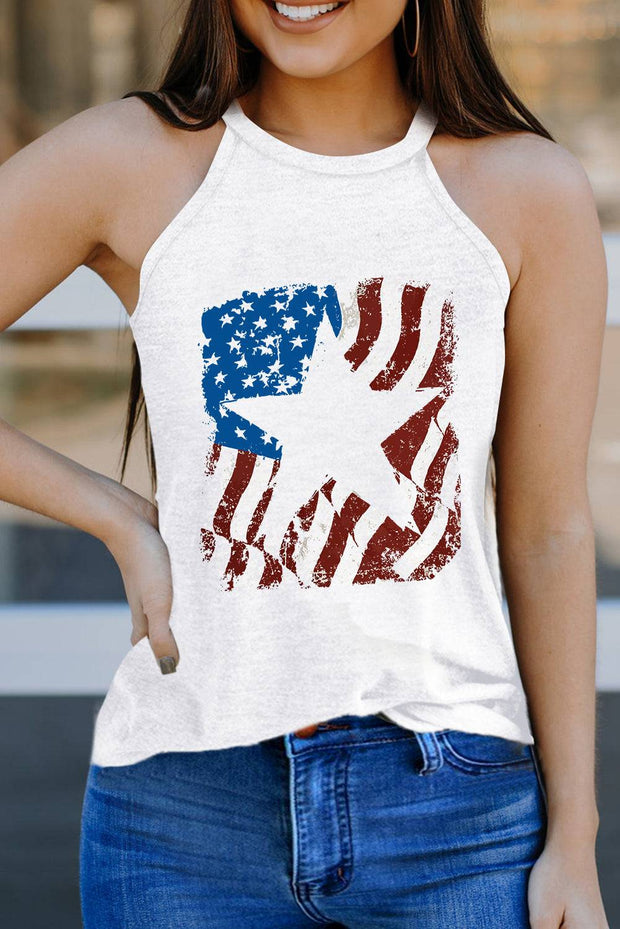 a woman wearing a tank top with the american flag on it