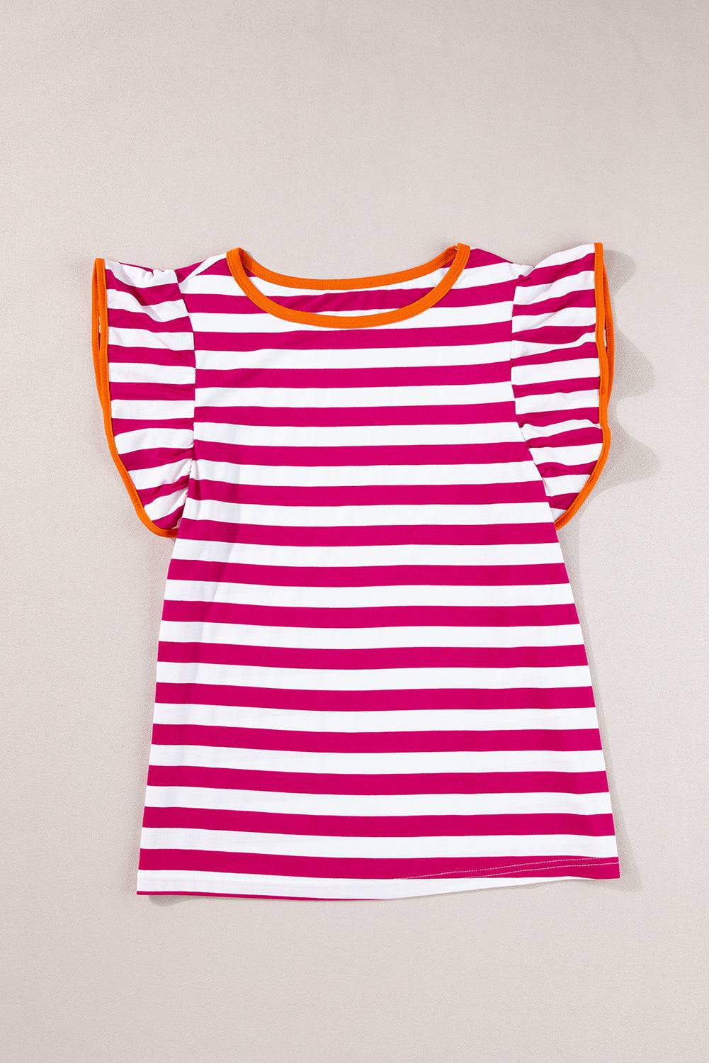 a pink and white striped shirt with orange trim