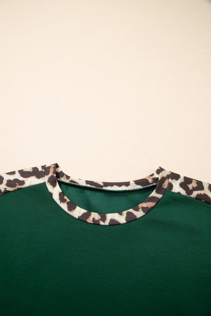 Green Leopard Trim Round Neck Loose T Shirt