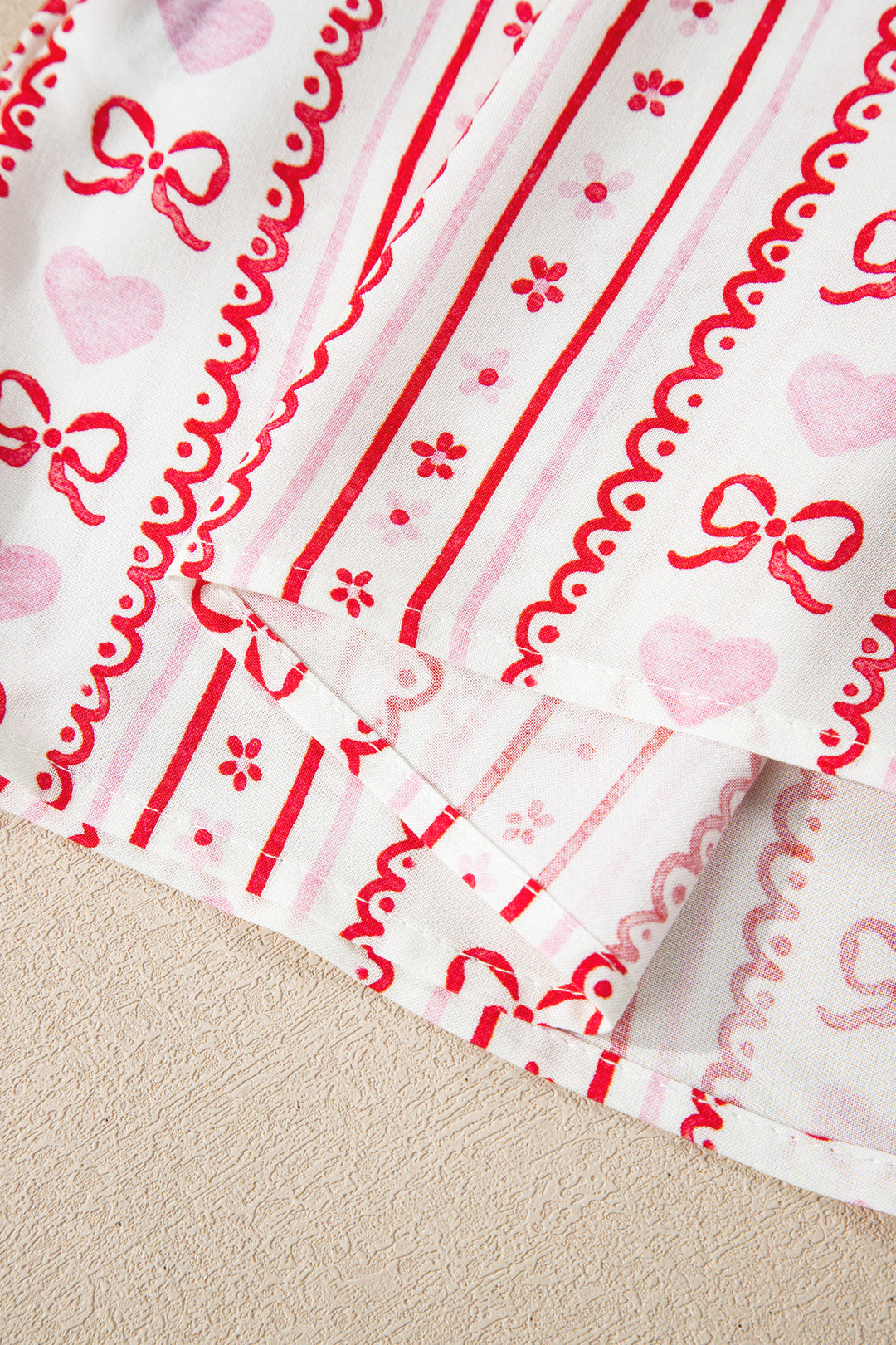 Red Cute Bow Heart Print Ribbon Decor Short 2pcs Pajama Set