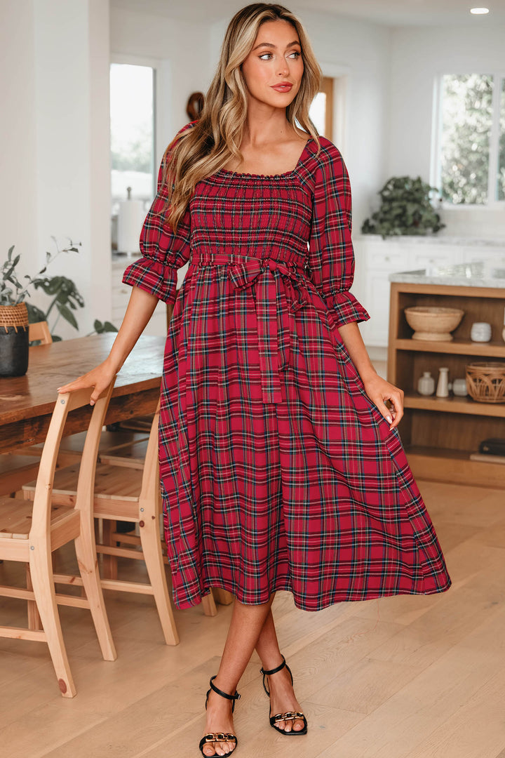 Red Tartan Plaid Square Neck Puff Sleeve Knot Waist Flared Midi Dress