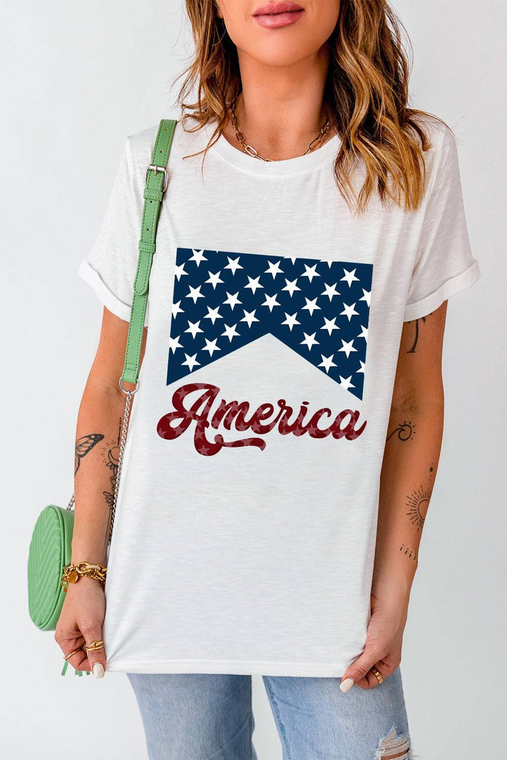 a woman wearing a t - shirt with the american flag on it