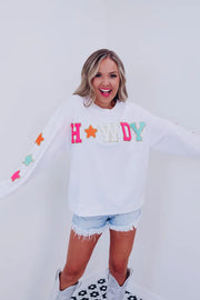 White Howdy Glitter Chenille Patch Graphic Casual Sweatshirt -