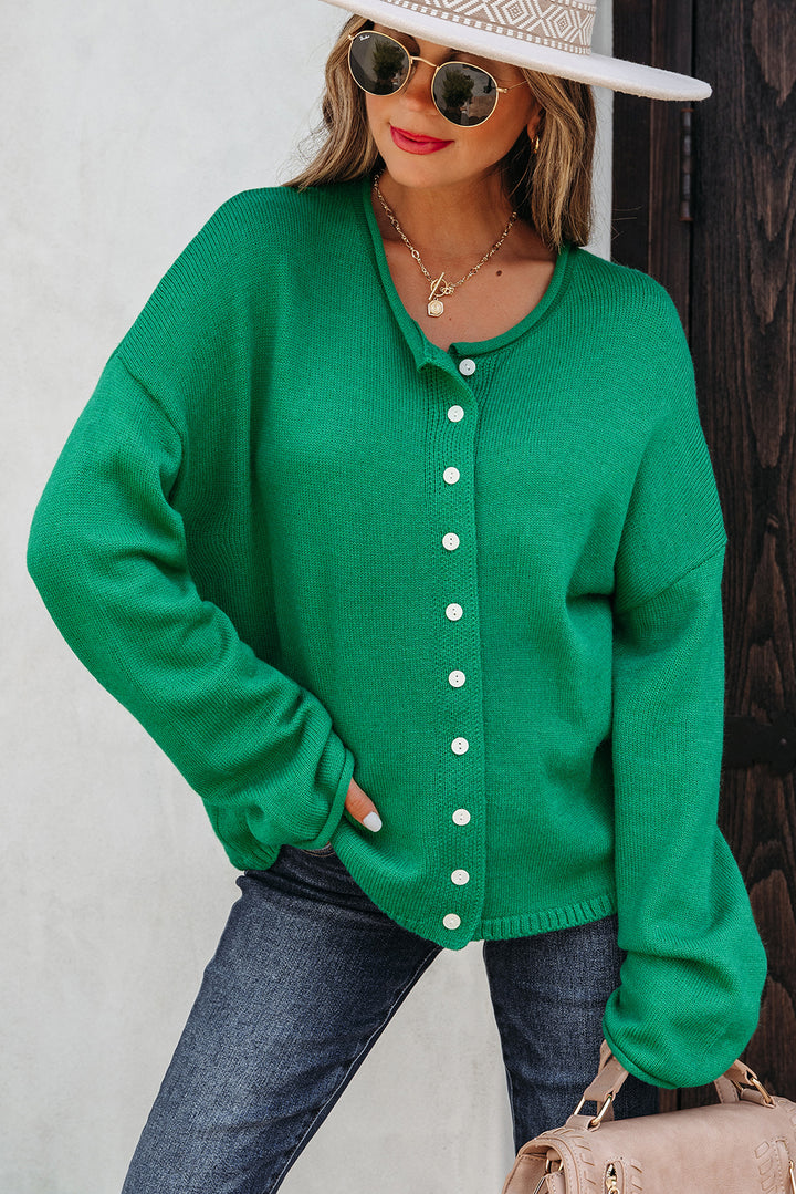 Bright Green Solid Color Knit Button Drop Shoulder Sweater Cardigan