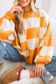 Checkered Bishop Sleeve Sweater - Grapefruit Orange / L / 100%Acrylic