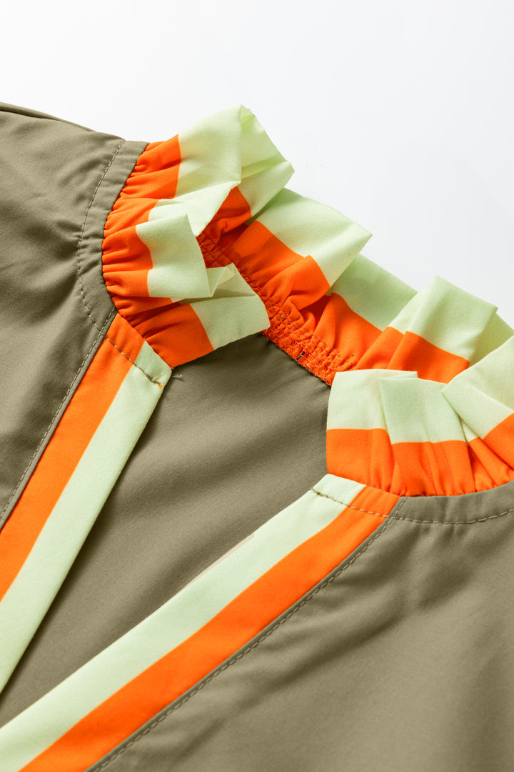 Four Leaf Clover Striped Trim Ruffle Split Neck Long Sleeve Blouse