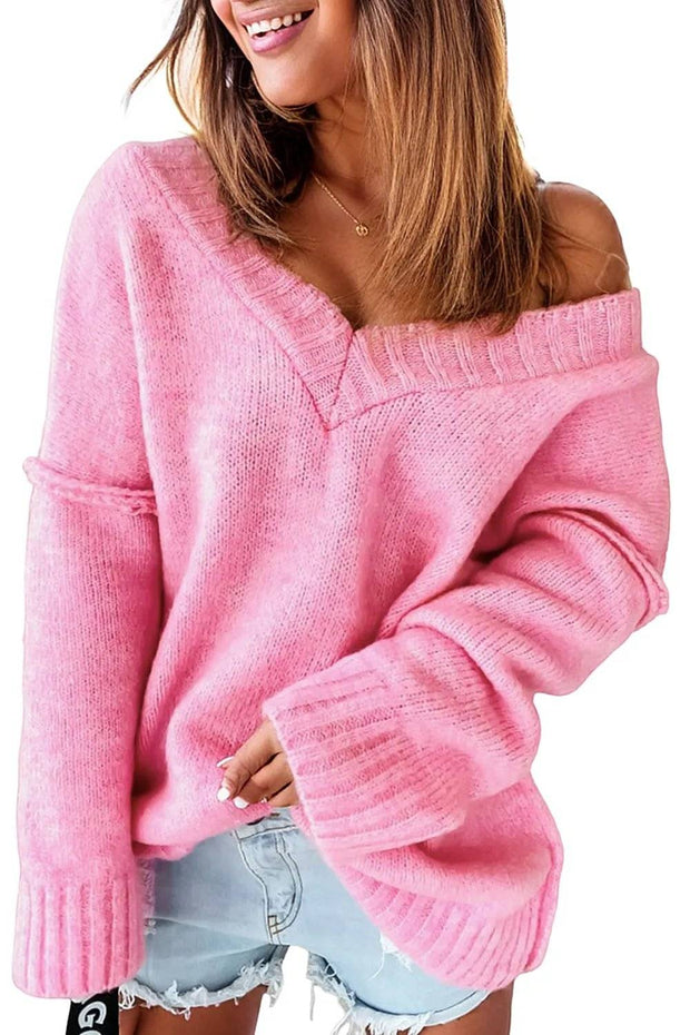 Exposed Seam V Neck Slouchy Sweater -