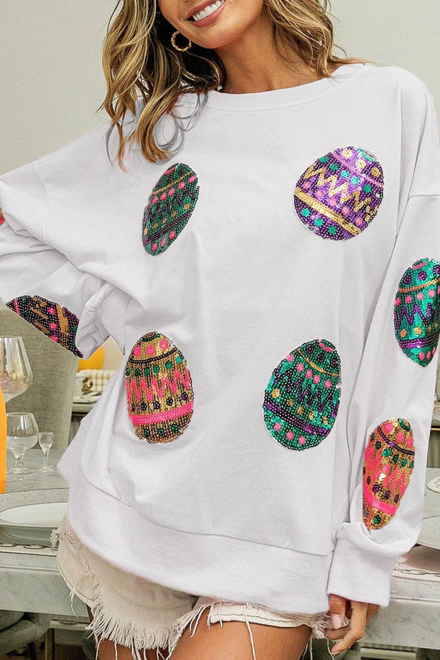Easter Sequin Egg Print Drop Shoulder Oversized Sweatshirt - White / L