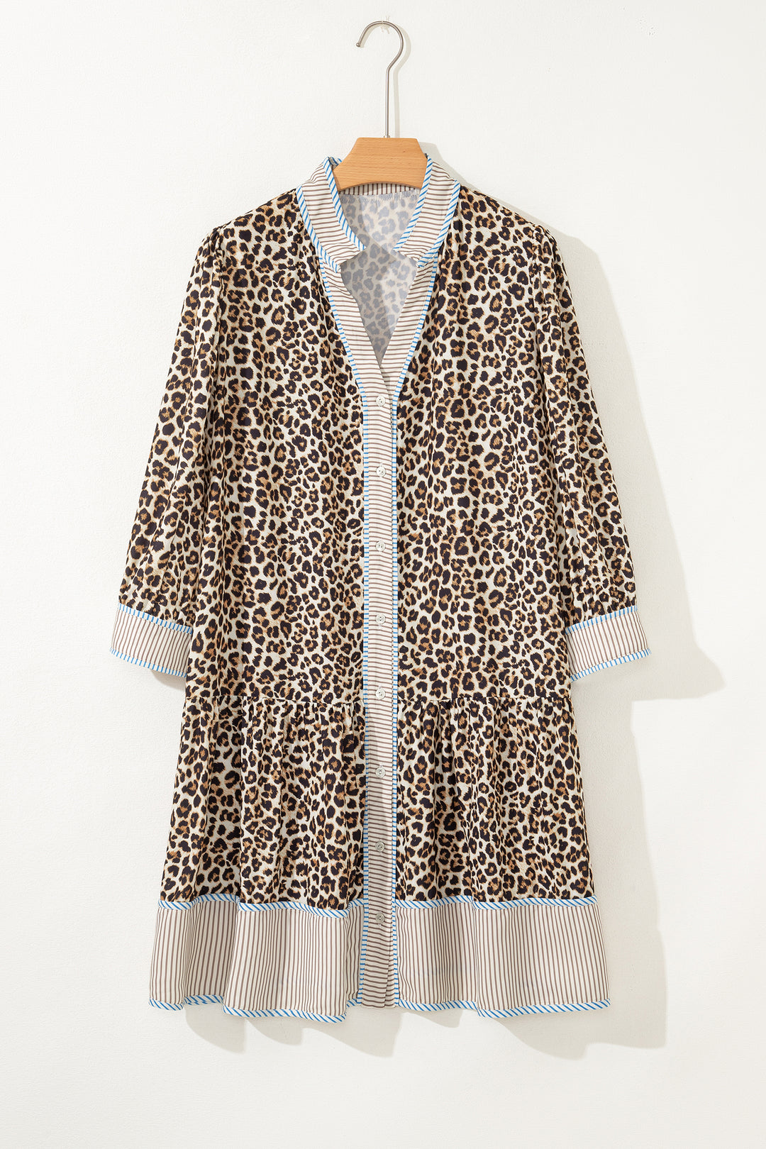 Khaki Plus Size Leopard Print Striped Trim V Neck Drop Waist Long Sleeve Mini Dress