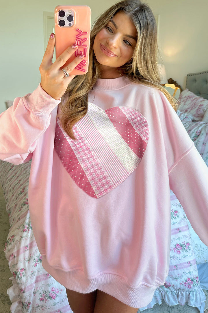 Light Pink Sweetheart Patchwork Mockneck Oversize Sweatshirt