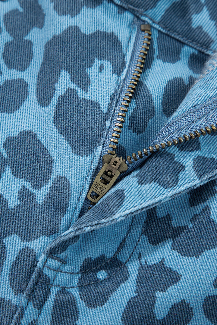 Sky Blue Leopard Print Straight Loose Jeans