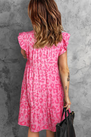 Pink Leopard Round Neck Ruffle Tiered Mini Dress -
