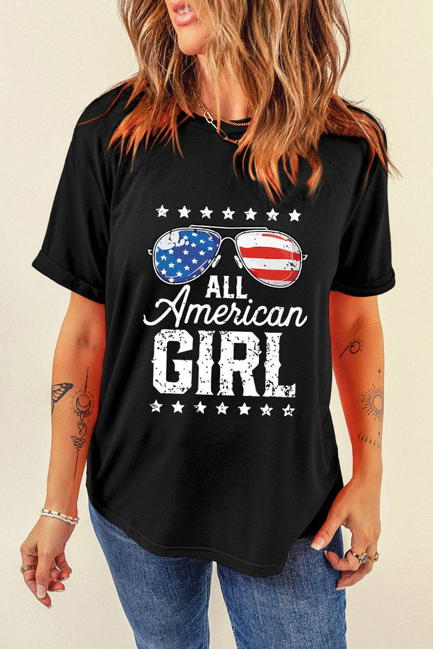 Black Stars and Stripes Glasses Slogan Graphic T Shirt -