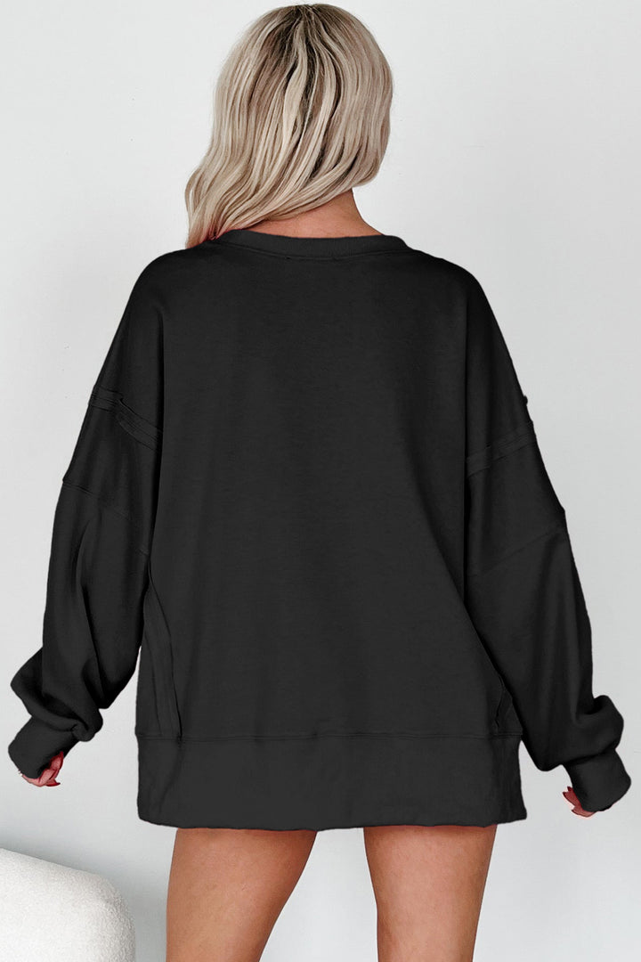 Black Bow Letter Graphic Exposed Seam Baggy Sweatshirt