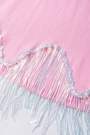 a pink and blue dress with fringes on it