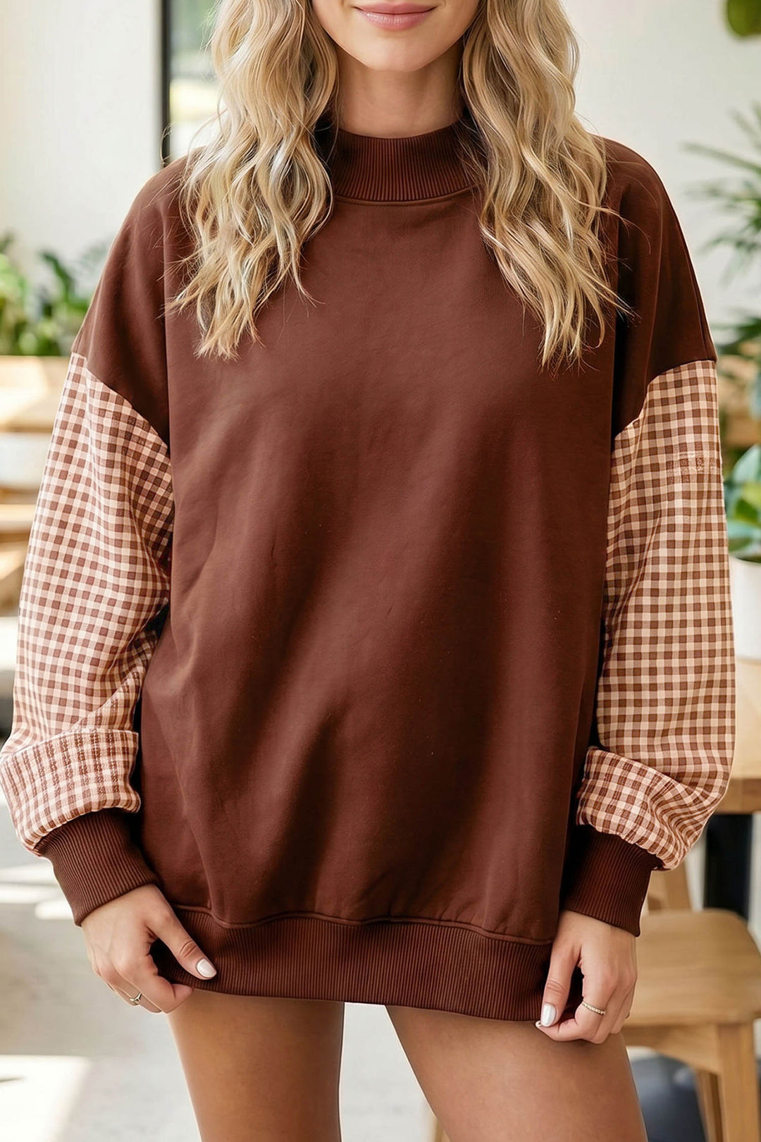 Plaid Sleeve Color block Loose Tunic Sweatshirt