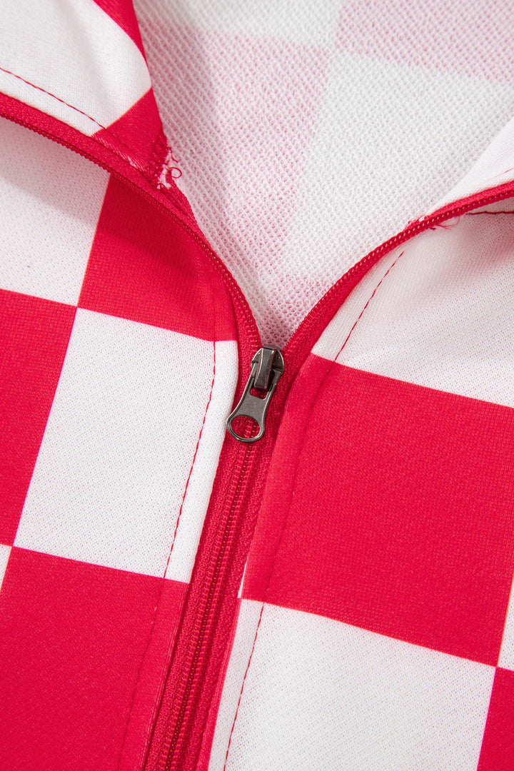 Red Checkered Print Half Zip Hoodie Loose Pant Set