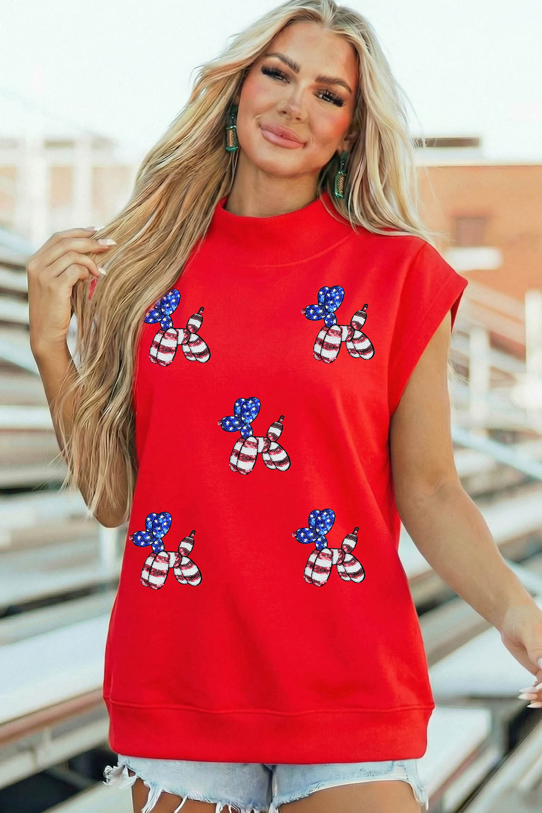Racing Red Sequin American Flag Balloon Dog High Neck Short Sleeve Top